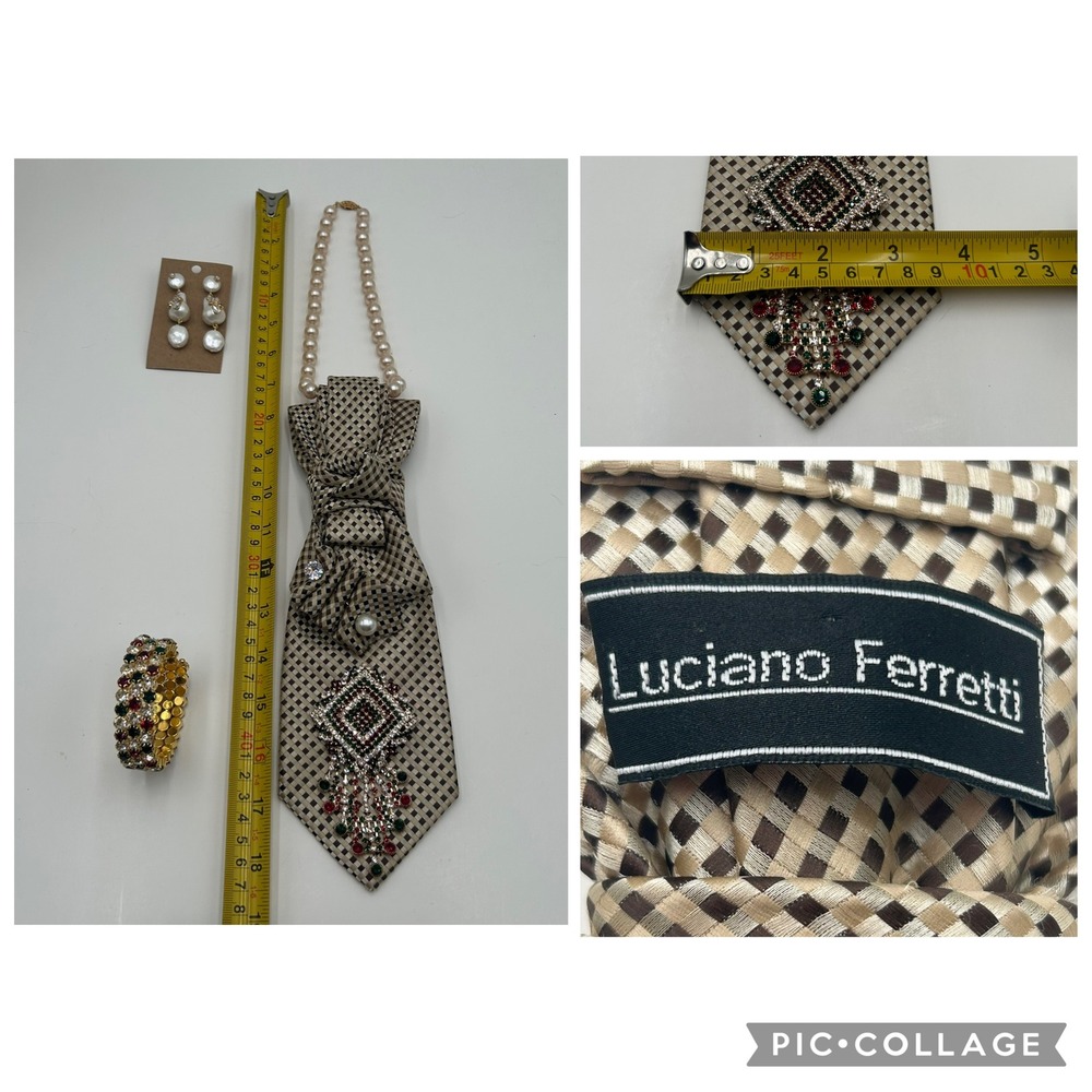 Luciano Ferretti Silk Tie Necklace Set Pearl Earrings Rhinestone Bangle Tan - Picture 4 of 11
